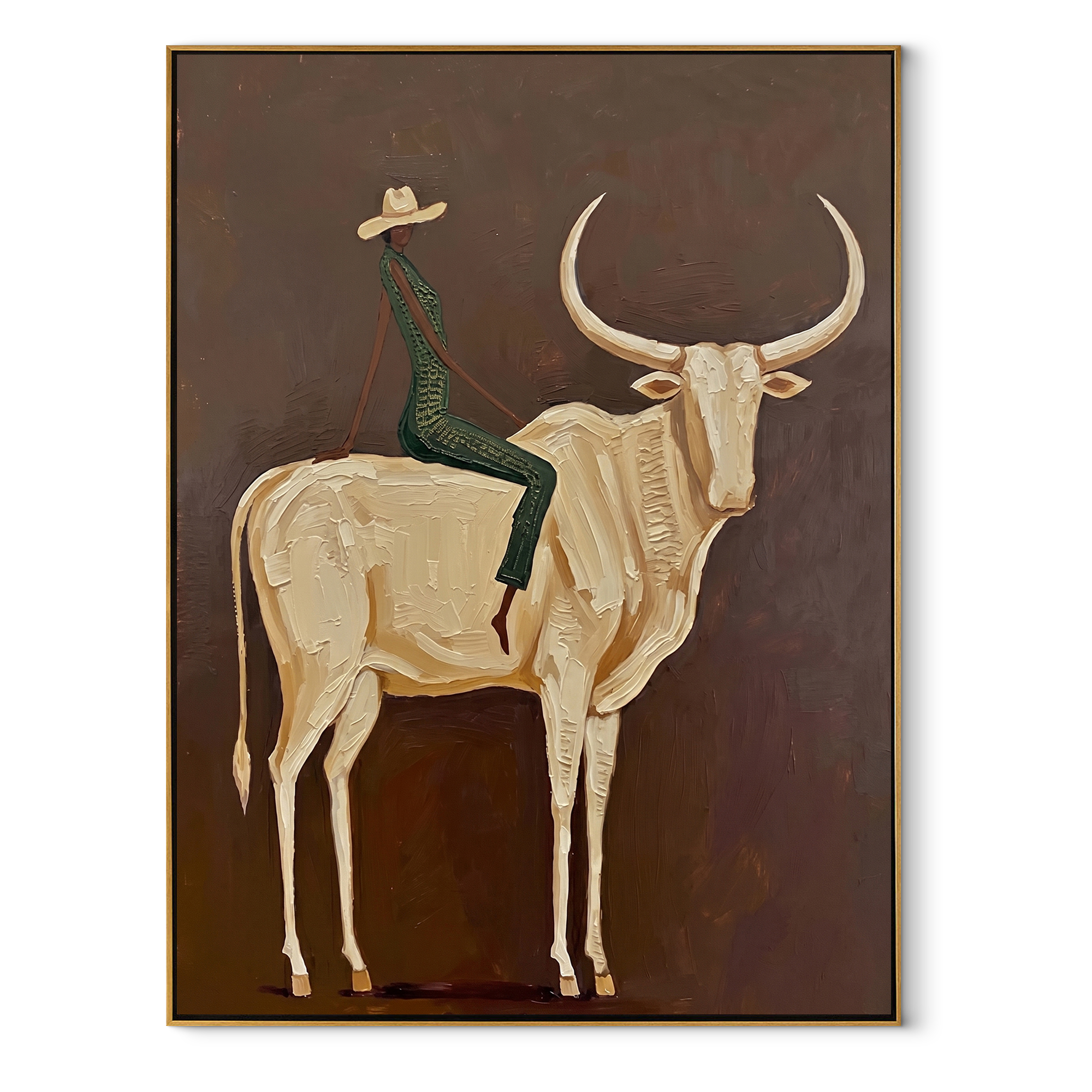 Ivory Horns Carry Green Western figurative painting, vertical canvas artwork