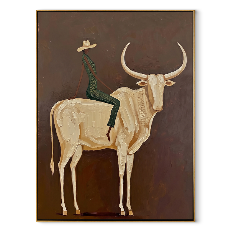 Ivory Horns Carry Green – Cowboy White Longhorn Painting | Contemporary Western Vertical Wall Art