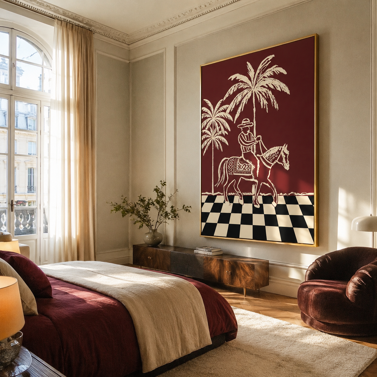 Checkerboard Guides Palm Rider displayed in a collected contemporary interior