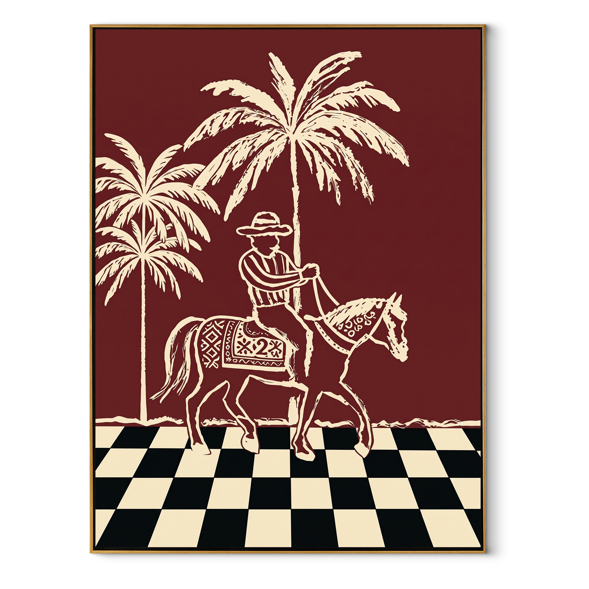 Checkerboard Guides Palm Rider Western figurative painting, vertical canvas artwork