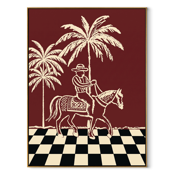 Checkerboard Guides Palm Rider – Palm Horse Rider Painting | Contemporary Western Vertical Wall Art