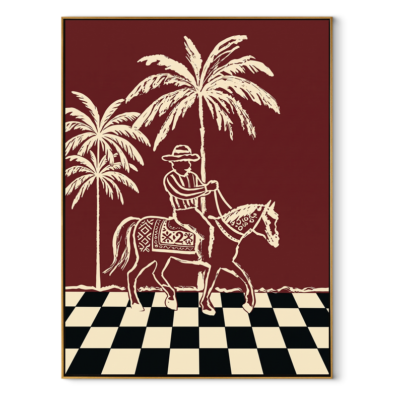 Checkerboard Guides Palm Rider – Palm Horse Rider Painting | Contemporary Western Vertical Wall Art