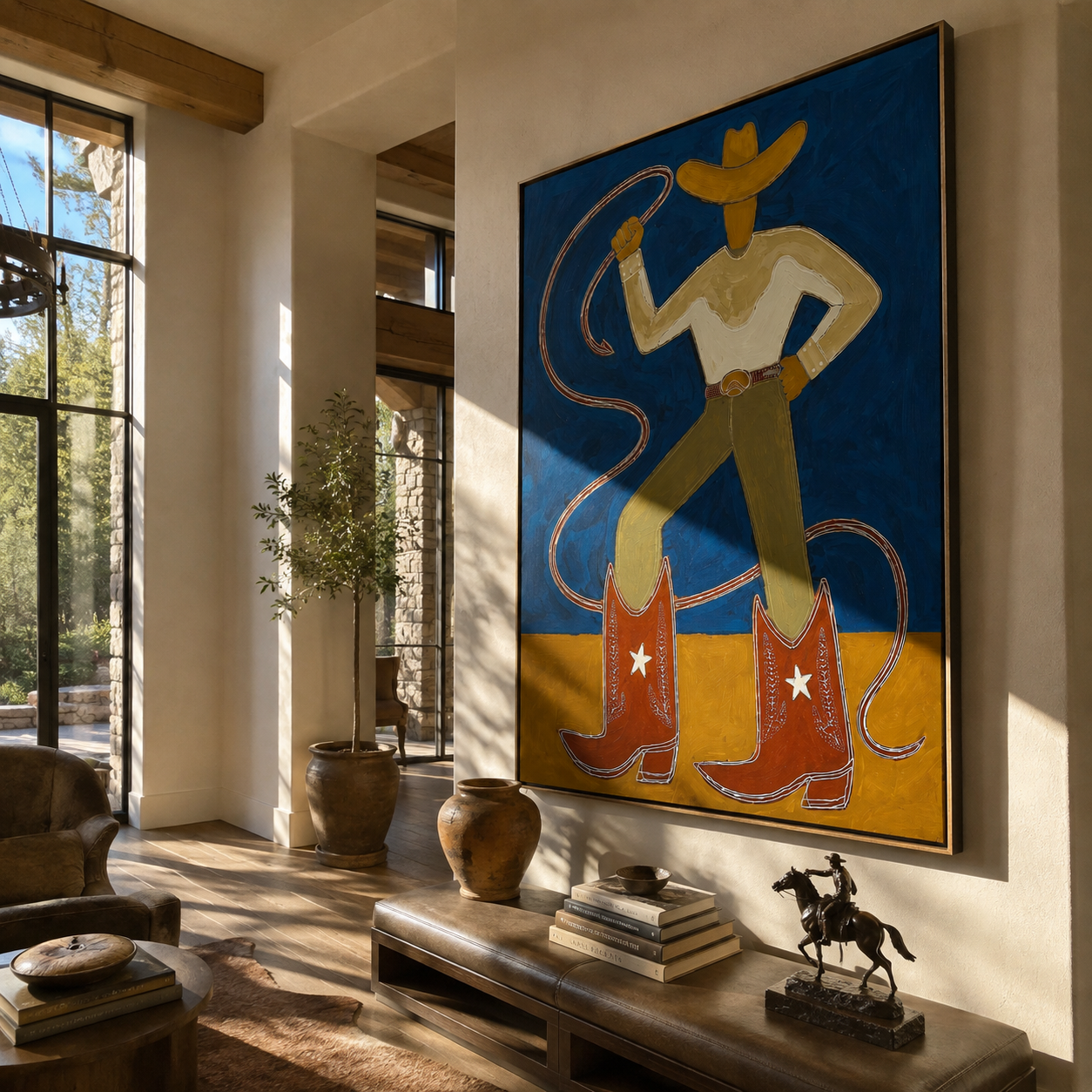 Golden Boots Command Blue displayed in a collected contemporary interior