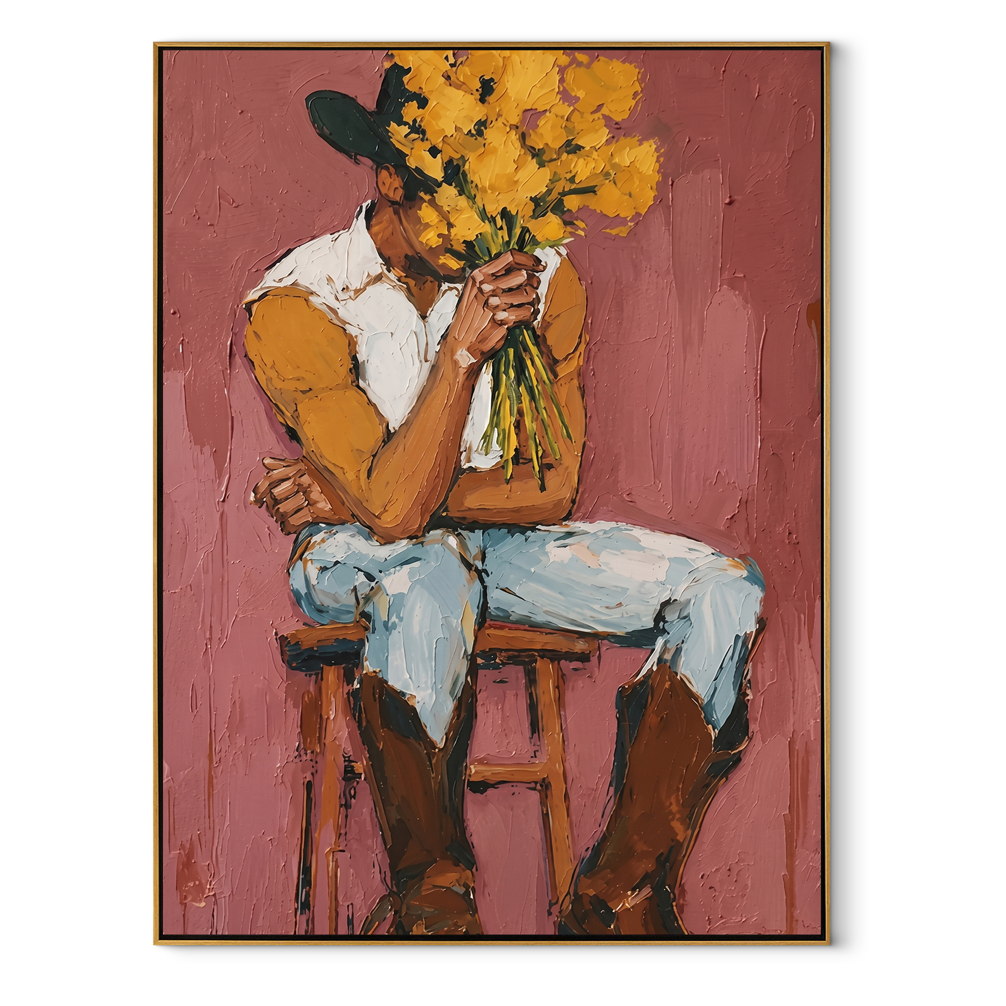 Ochre Flowers Hide Thought Western figurative painting, vertical canvas artwork