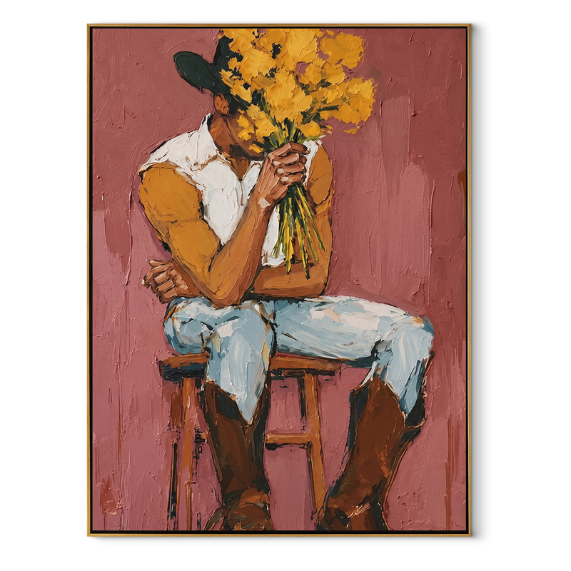 Ochre Flowers Hide Thought – Cowboy Flower Portrait Painting | Contemporary Western Vertical Wall Art
