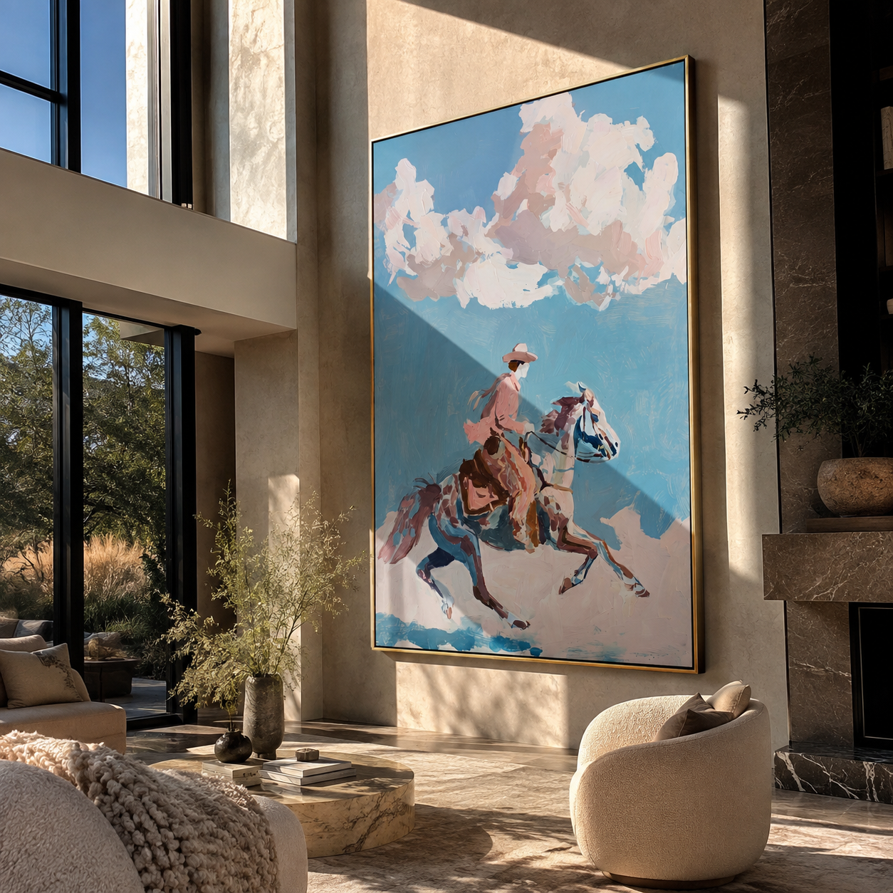 Pink Rider Crosses Clouds displayed in a collected contemporary interior