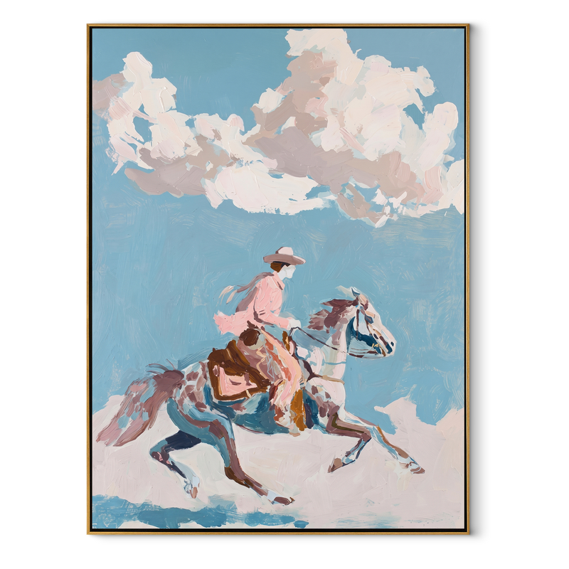 Pink Rider Crosses Clouds – Cloud Horse Rider Painting | Contemporary Western Vertical Wall Art