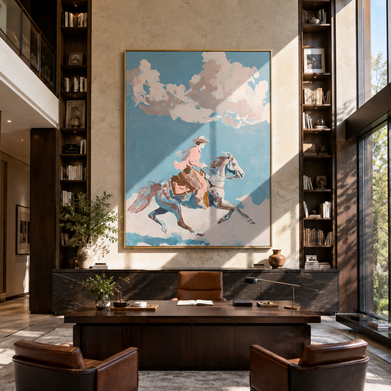 Pink Rider Crosses Clouds presented as a colorful interior focal point