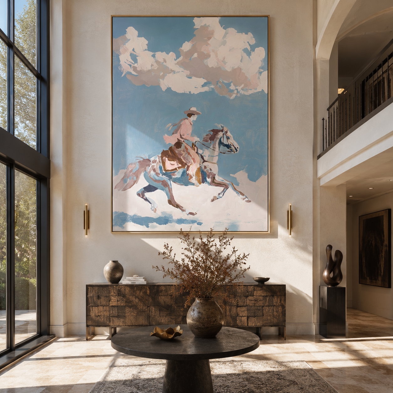 Pink Rider Crosses Clouds displayed in a layered residential setting