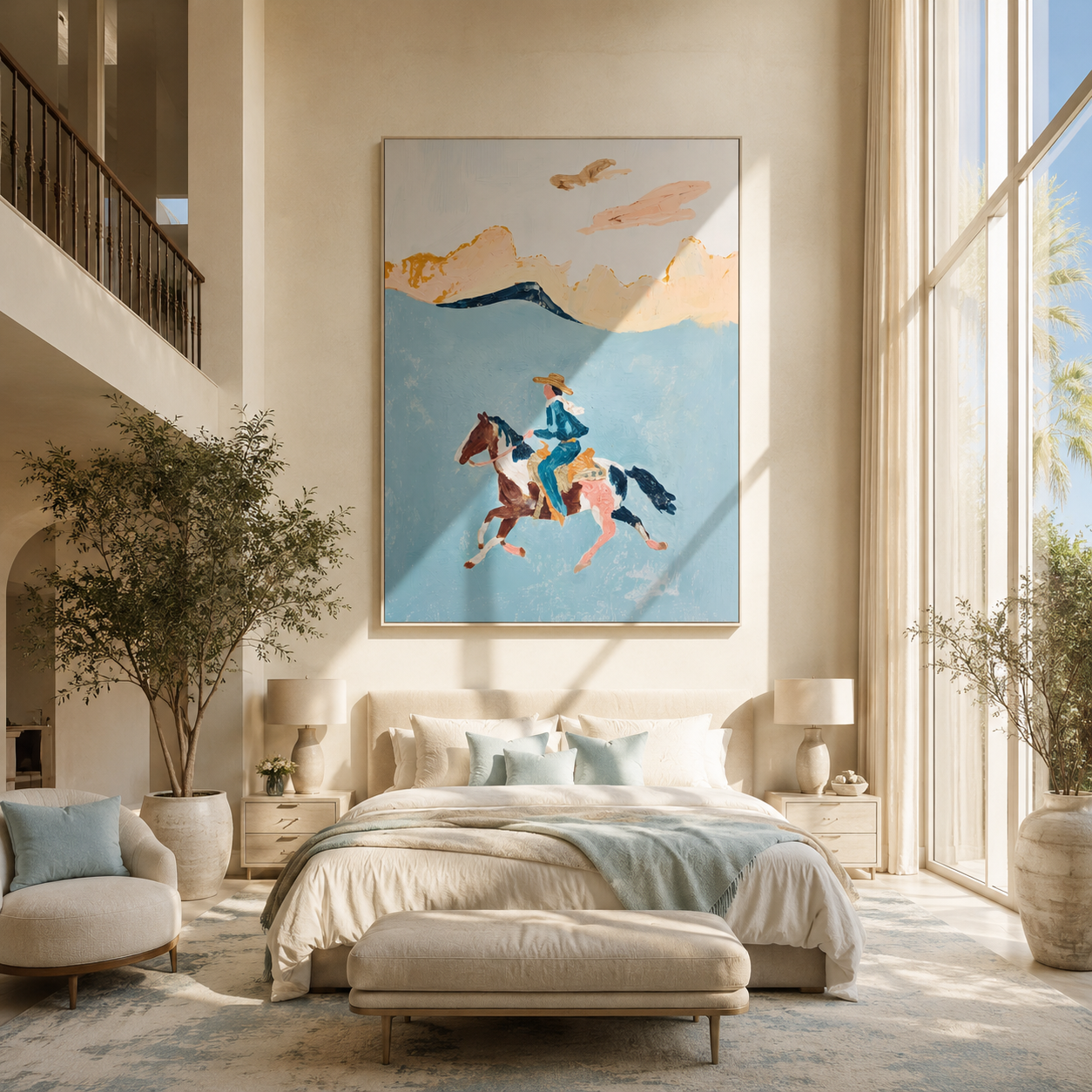 Three Horses Chase Wind displayed in a collected contemporary interior
