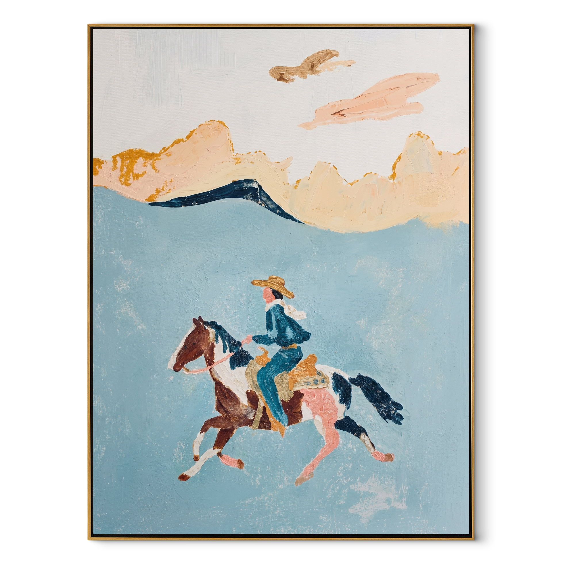 Three Horses Chase Wind Western figurative painting, vertical canvas artwork