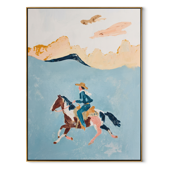 Three Horses Chase Wind – Three Horse Rider Painting | Contemporary Western Vertical Wall Art