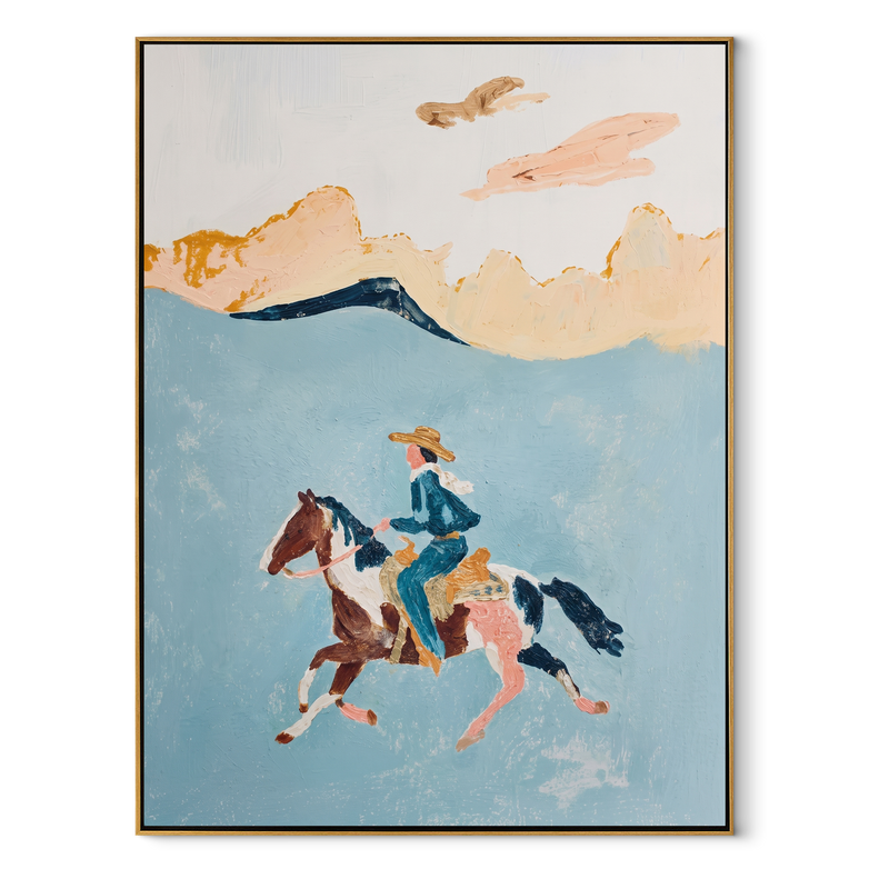 Three Horses Chase Wind – Three Horse Rider Painting | Contemporary Western Vertical Wall Art