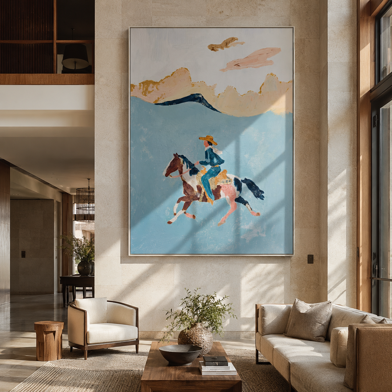 Three Horses Chase Wind presented as a colorful interior focal point