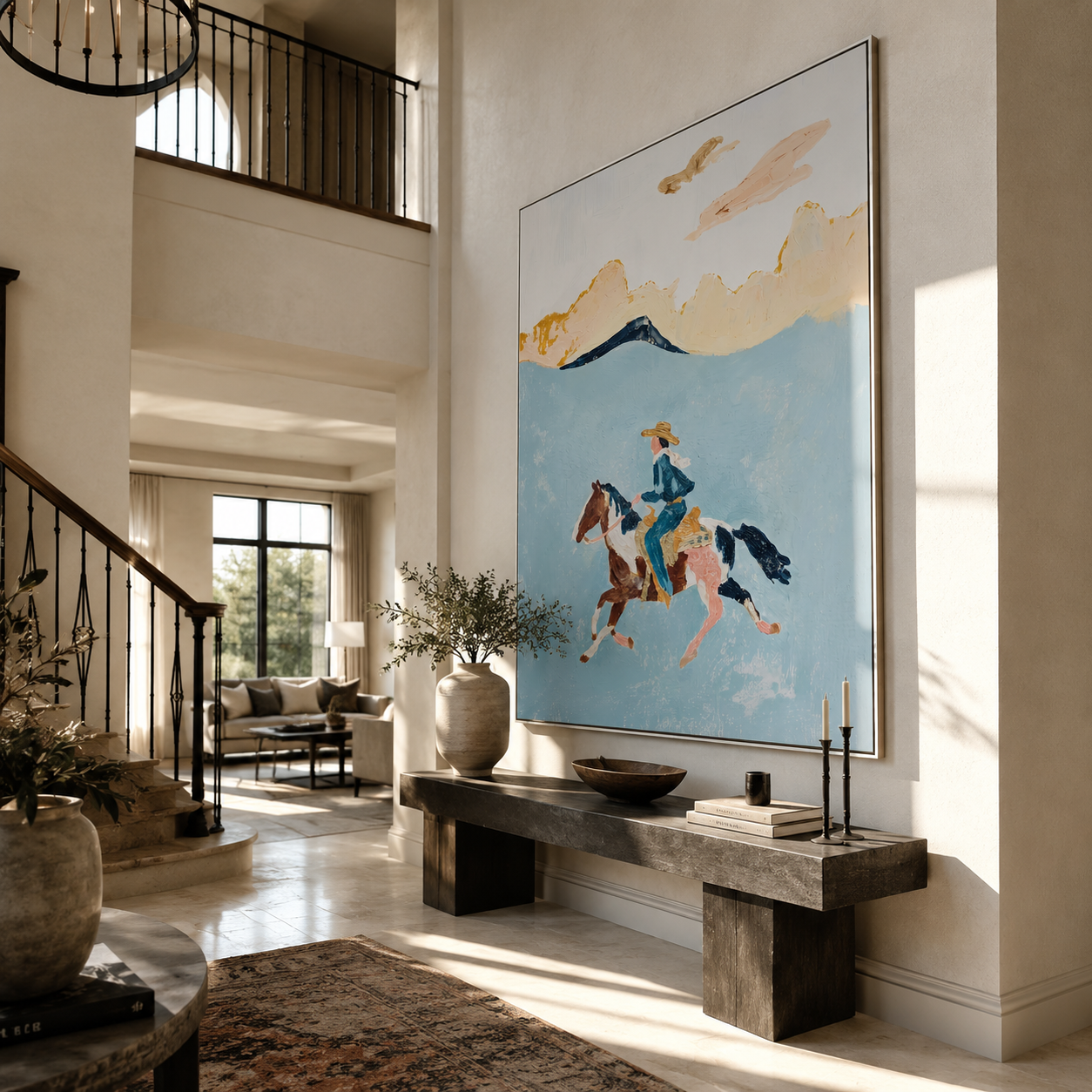 Three Horses Chase Wind styled with wood, linen, and modern decor