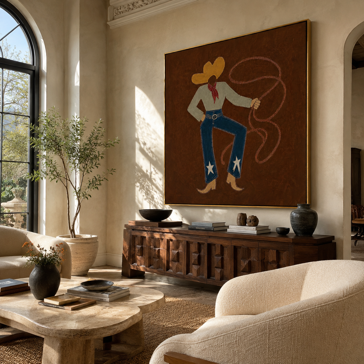 Red Scarf Loops Evening displayed in a collected contemporary interior