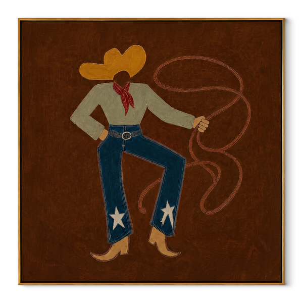 Red Scarf Loops Evening – Western Lasso Figure Painting | Contemporary Western Square Wall Art