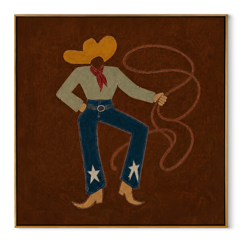 Red Scarf Loops Evening – Western Lasso Figure Painting | Contemporary Western Square Wall Art