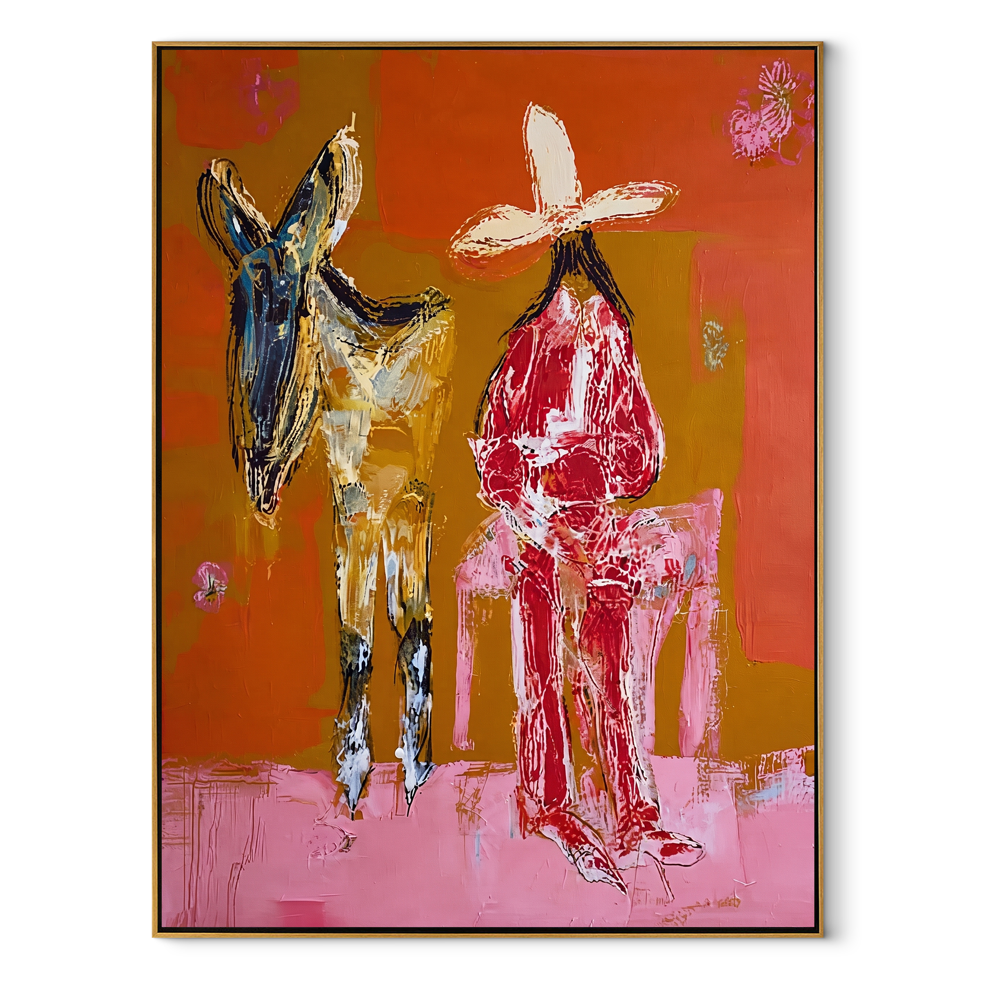 Donkey Keeps Her Company Western figurative painting, vertical canvas artwork