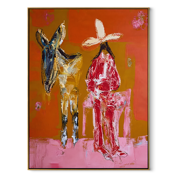 Donkey Keeps Her Company – Cowgirl Donkey Painting | Contemporary Western Vertical Wall Art