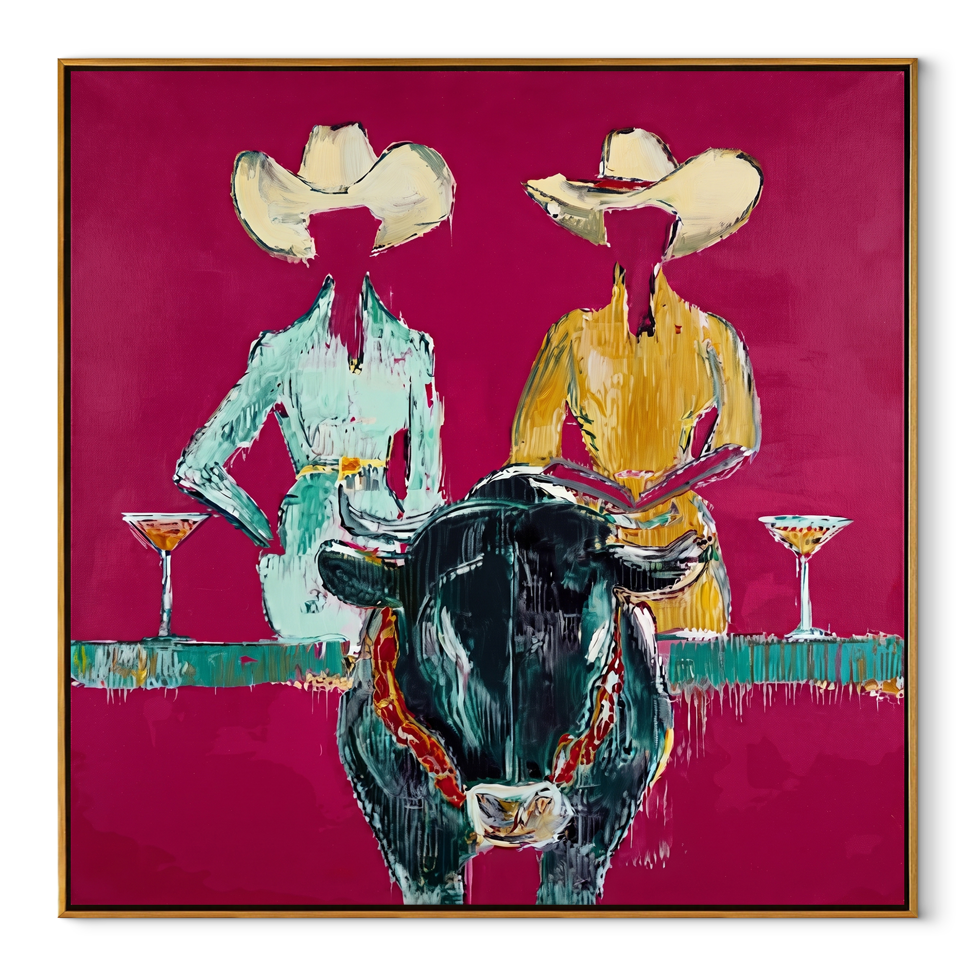 Two Hats Toast Midnight Western figurative painting, square canvas artwork