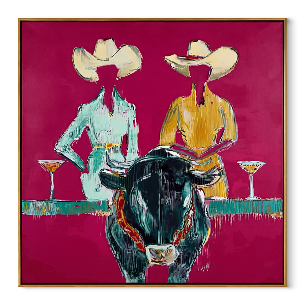 Two Hats Toast Midnight – Cowgirl Bull Cocktail Painting | Contemporary Western Square Wall Art