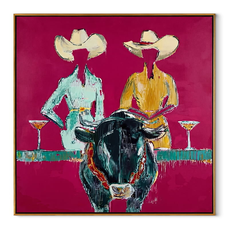 Two Hats Toast Midnight – Cowgirl Bull Cocktail Painting | Contemporary Western Square Wall Art