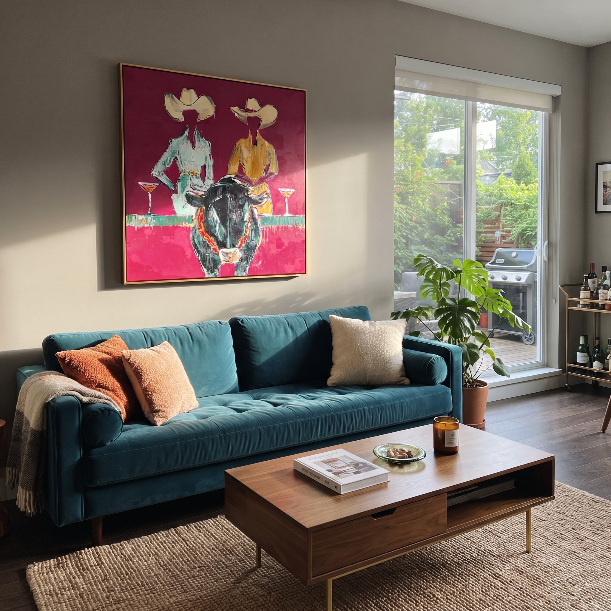 Two Hats Toast Midnight styled with warm modern furnishings