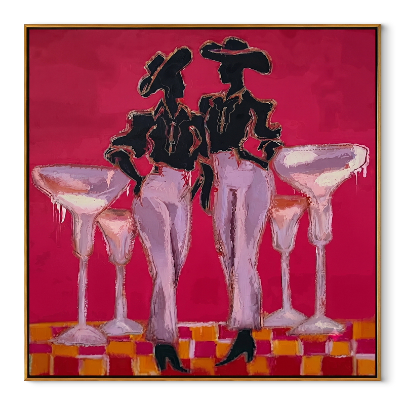 Four Glasses Guard Magenta – Martini Cowgirl Pair Painting | Contemporary Western Square Wall Art
