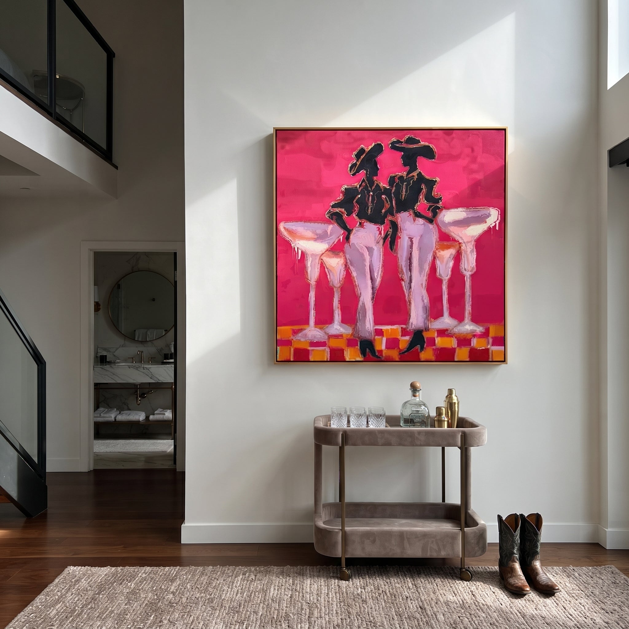 Four Glasses Guard Magenta styled with warm modern furnishings