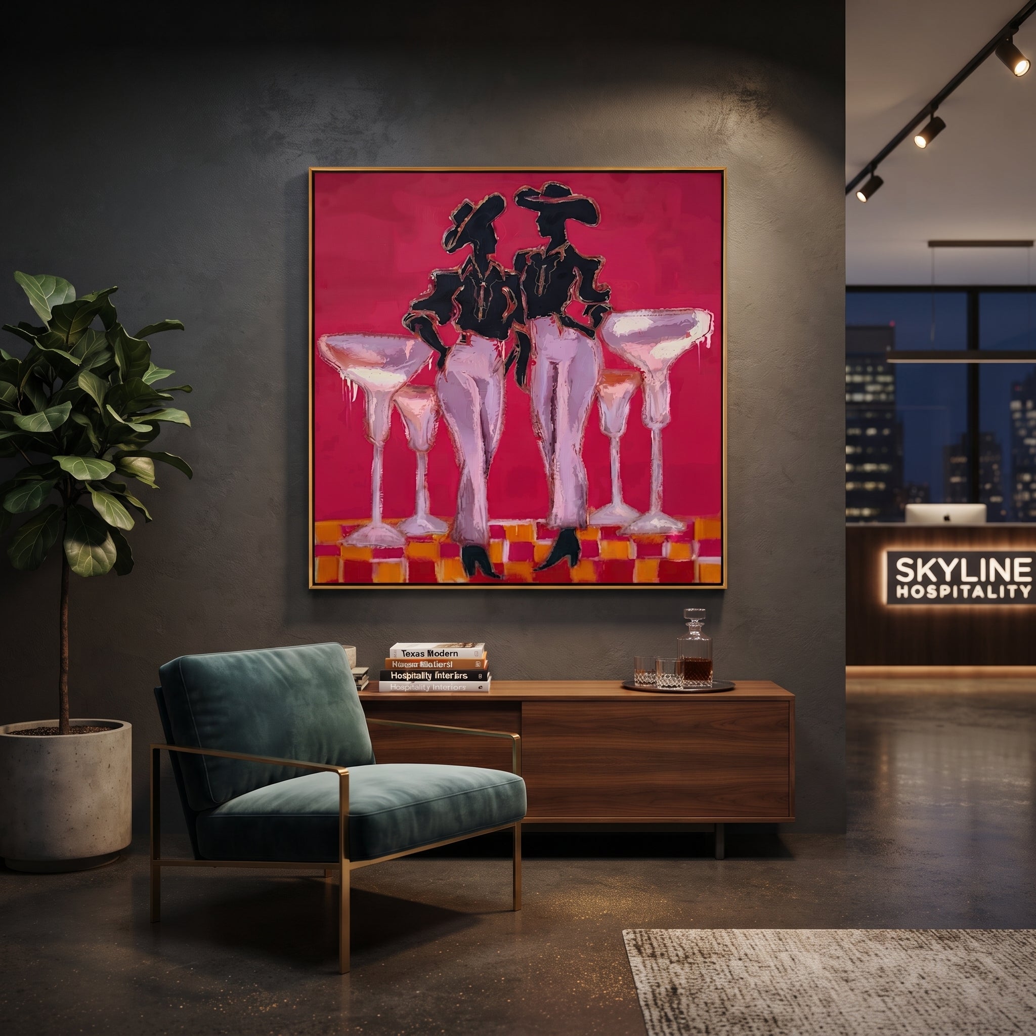 Four Glasses Guard Magenta presented as a colorful interior focal point