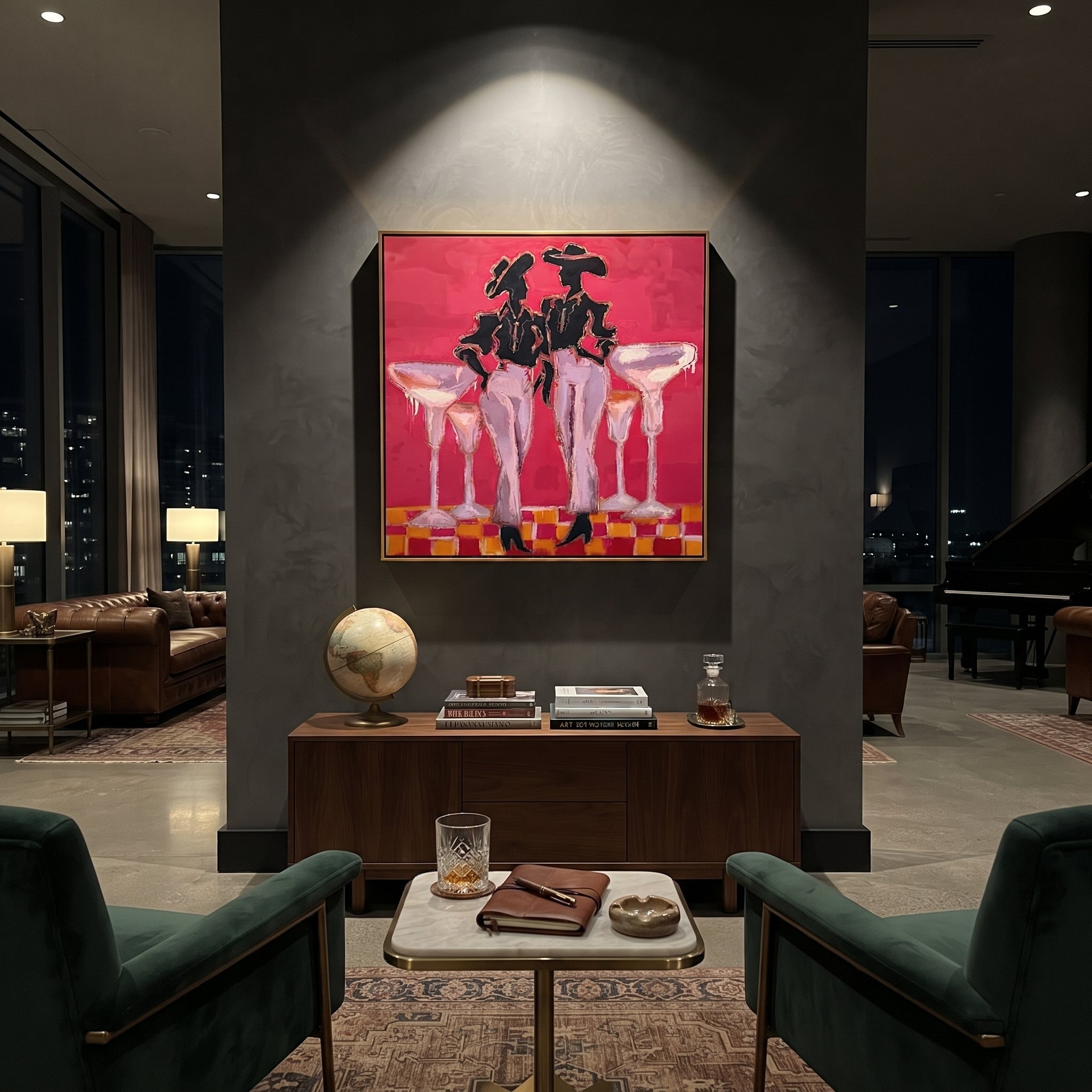 Four Glasses Guard Magenta displayed in a layered residential setting