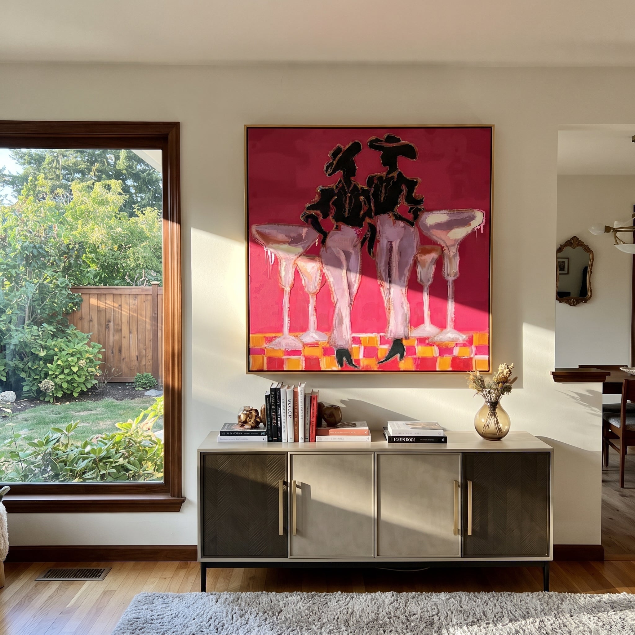 Four Glasses Guard Magenta styled with wood, linen, and modern decor