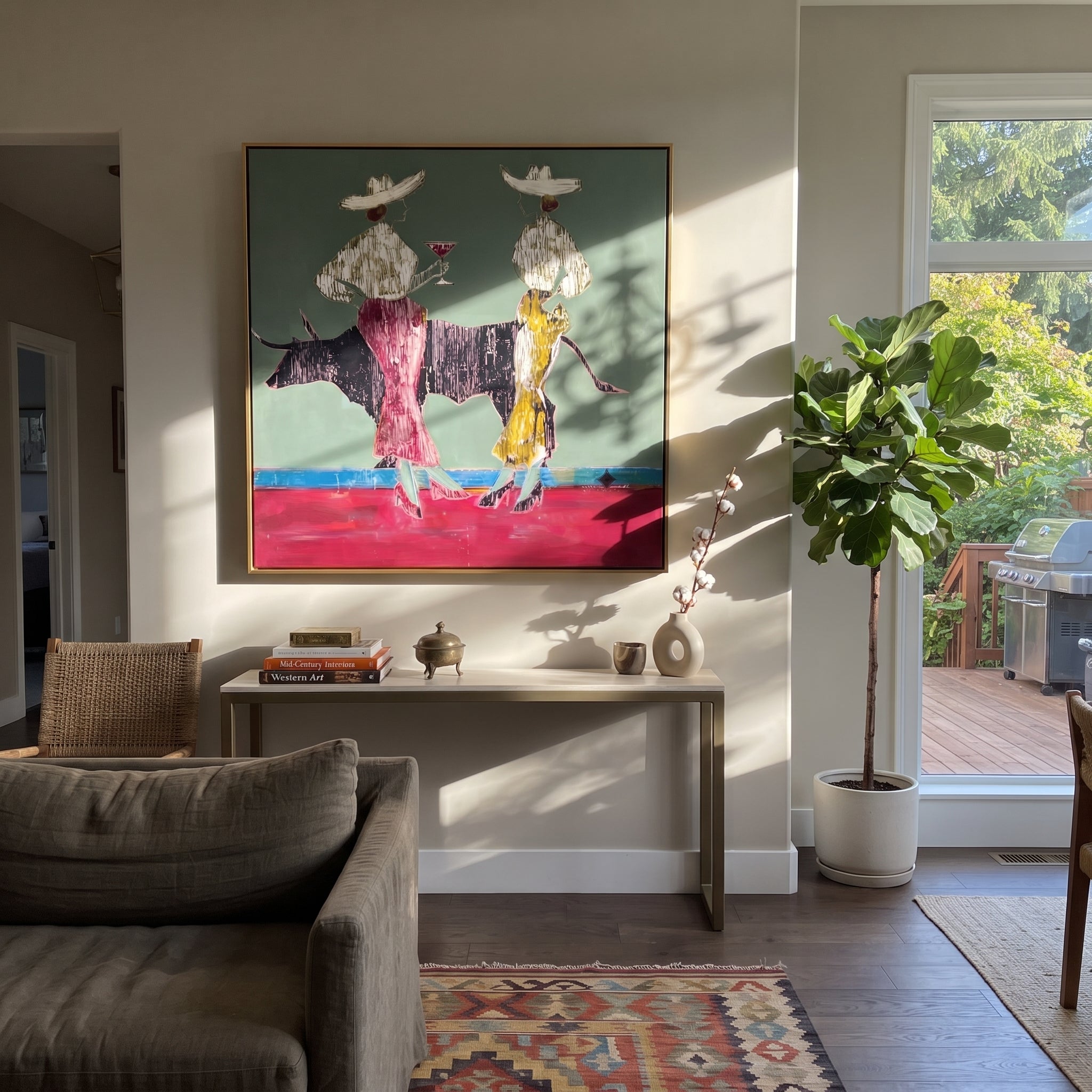 Bull Waits Between Toasts displayed in a collected contemporary interior