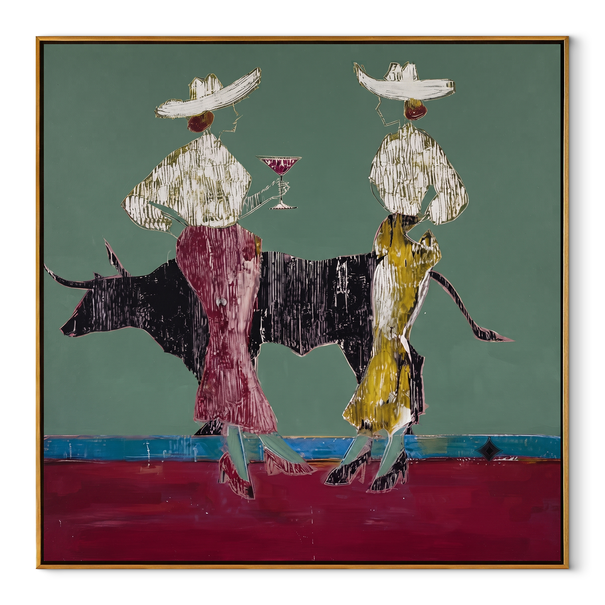 Bull Waits Between Toasts Western figurative painting, square canvas artwork