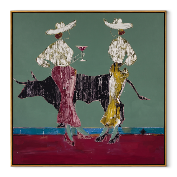 Bull Waits Between Toasts – Bull Cocktail Cowgirl Painting | Contemporary Western Square Wall Art