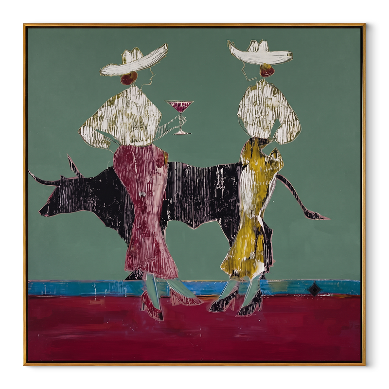 Bull Waits Between Toasts – Bull Cocktail Cowgirl Painting | Contemporary Western Square Wall Art