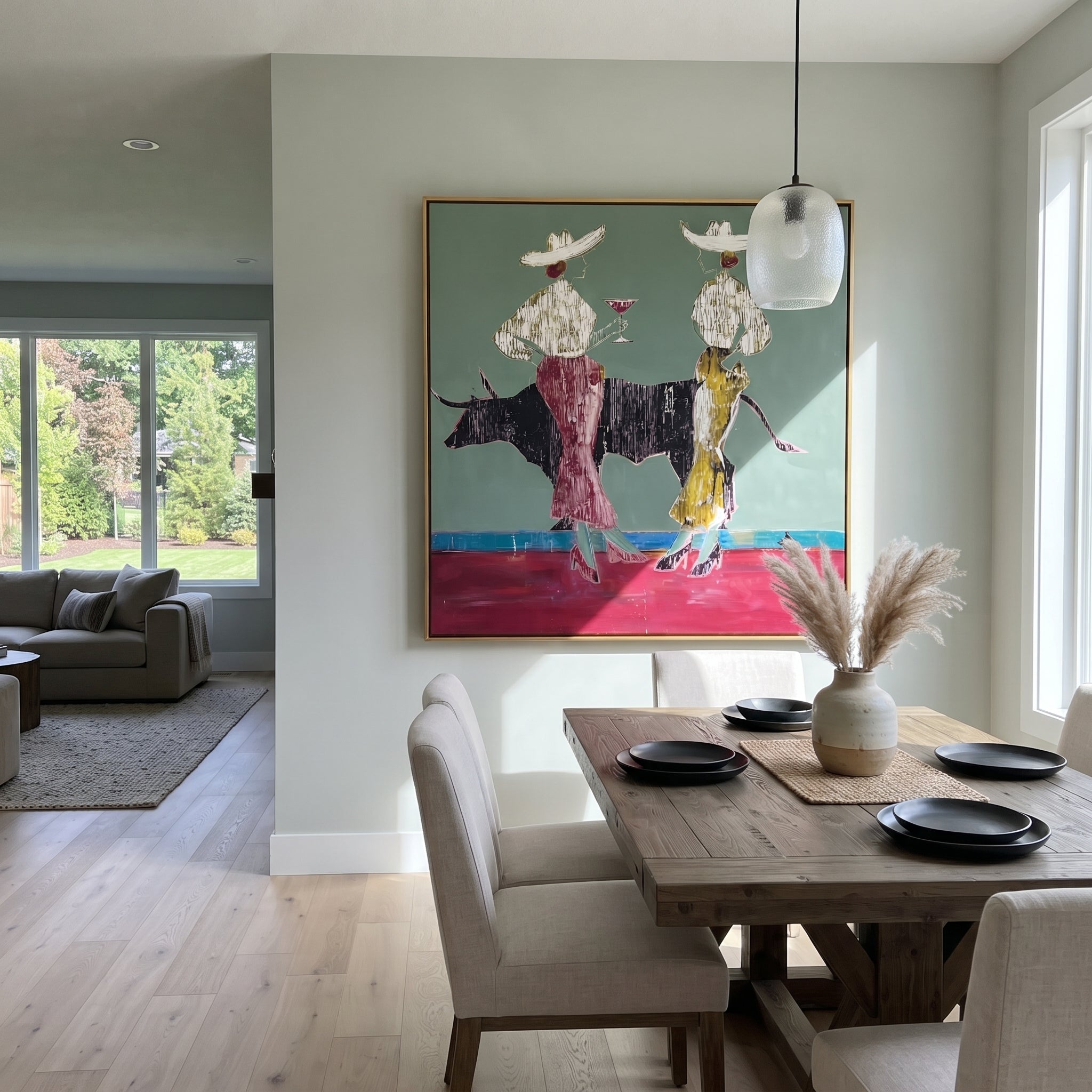 Bull Waits Between Toasts presented as a colorful interior focal point