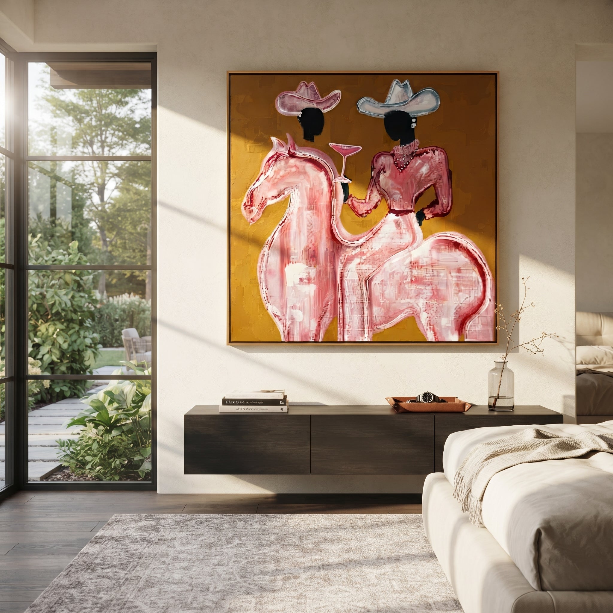 Pink Rider Raises Glass displayed in a collected contemporary interior