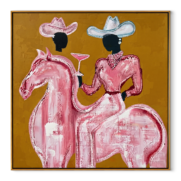 Pink Rider Raises Glass – Pink Horse Cowgirl Painting | Contemporary Western Square Wall Art