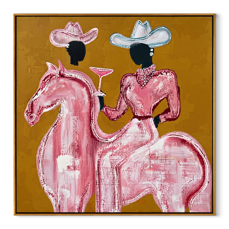 Pink Rider Raises Glass – Pink Horse Cowgirl Painting | Contemporary Western Square Wall Art
