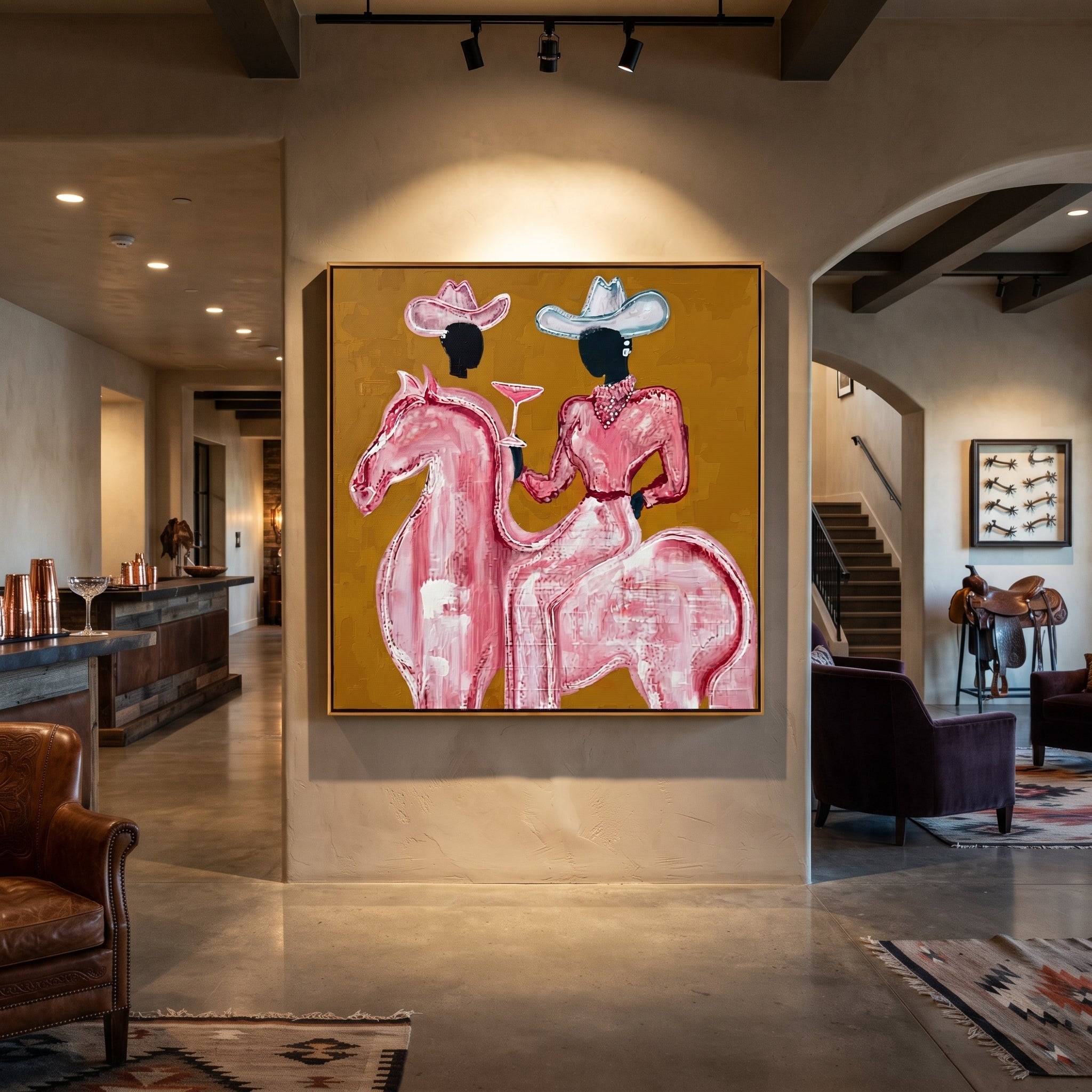 Pink Rider Raises Glass displayed in a layered residential setting