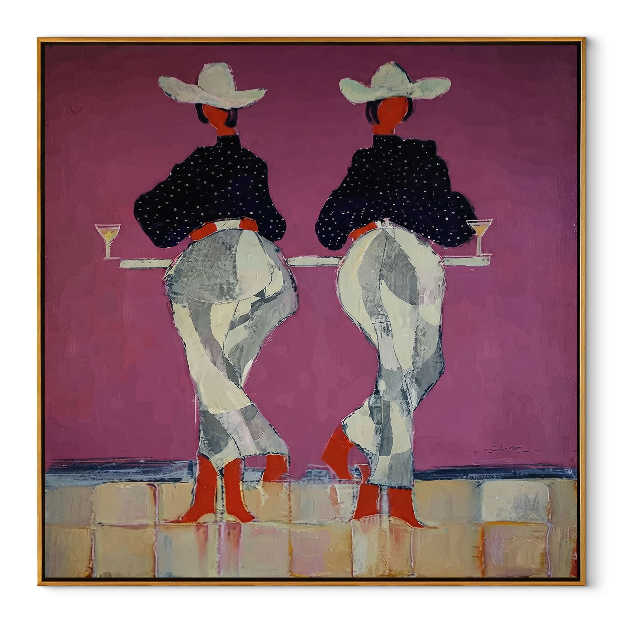 Cowgirls Toast Without Turning Western figurative painting, square canvas artwork