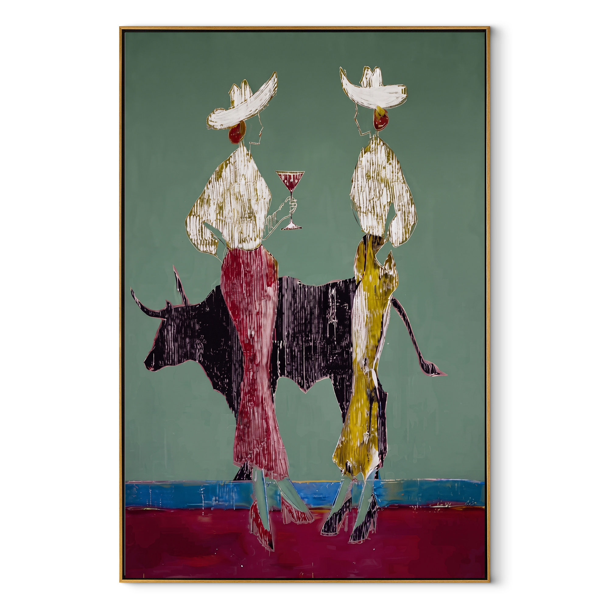 Bull Divides White Hats Western figurative painting, vertical canvas artwork