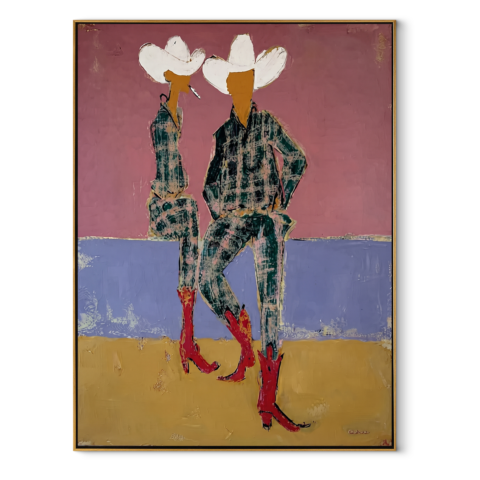 Red Boots Meet Lavender Western figurative painting, vertical canvas artwork