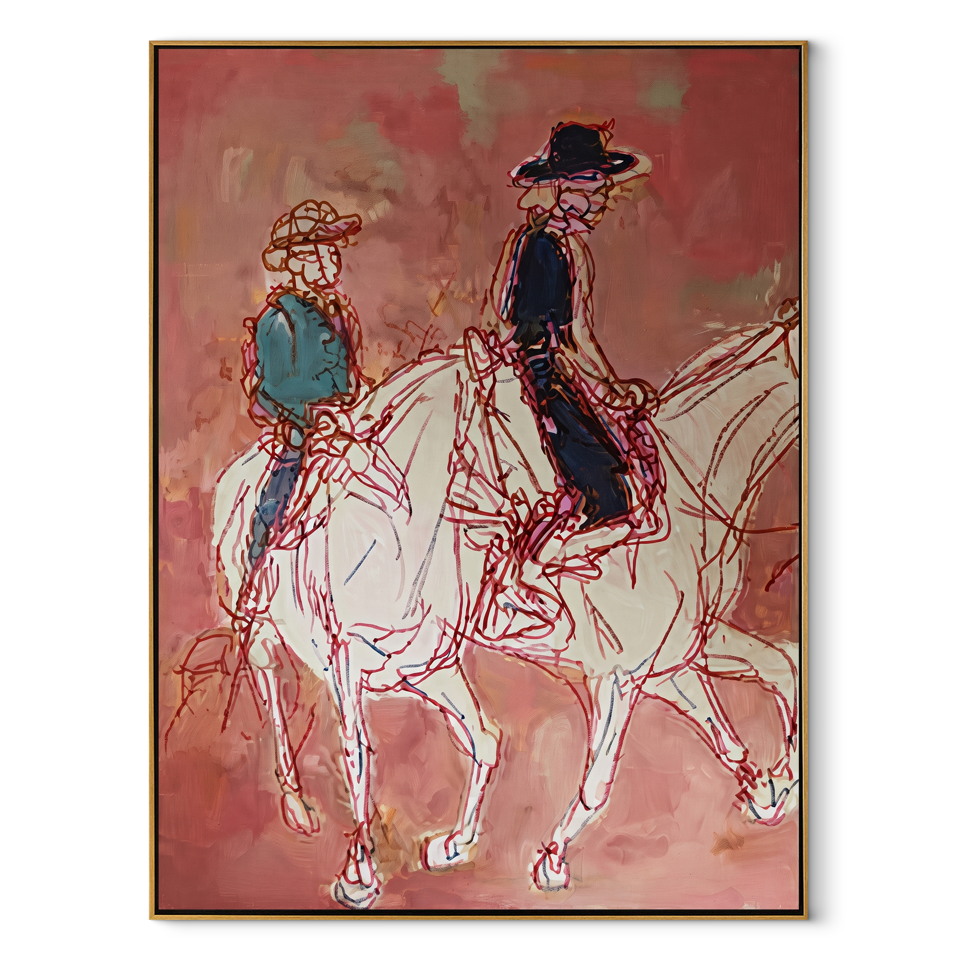 Rose Lines Carry Riders Western figurative painting, vertical canvas artwork