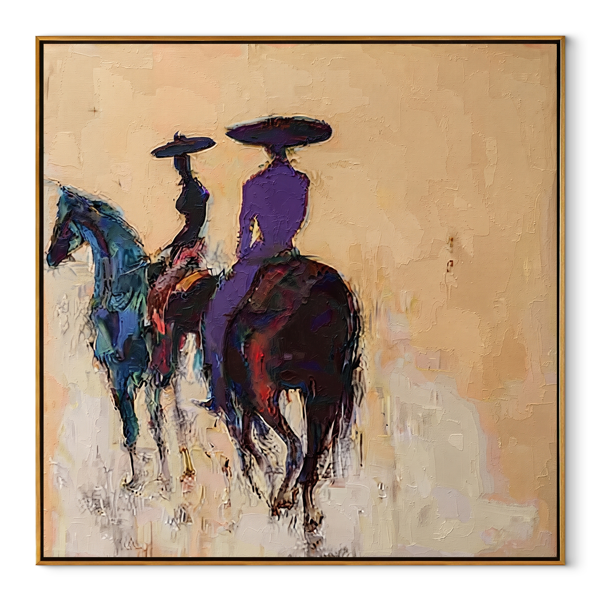 Blue Horses Leave Quietly Western figurative painting, square canvas artwork