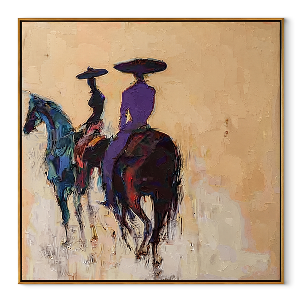 Blue Horses Leave Quietly – Rear View Horse Riders Painting | Contemporary Western Square Wall Art