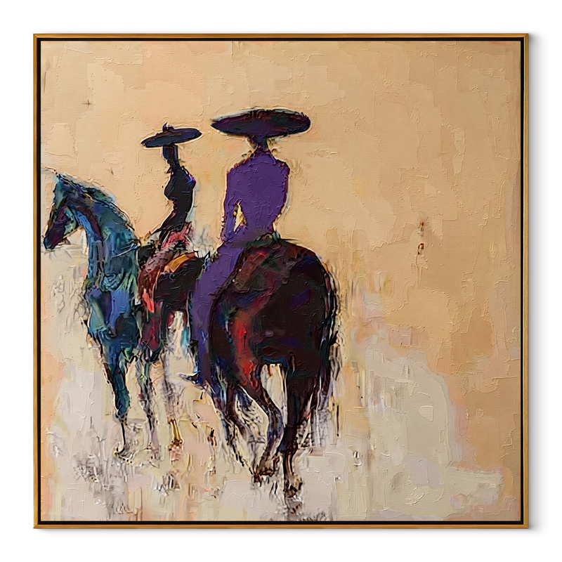 Blue Horses Leave Quietly – Rear View Horse Riders Painting | Contemporary Western Square Wall Art