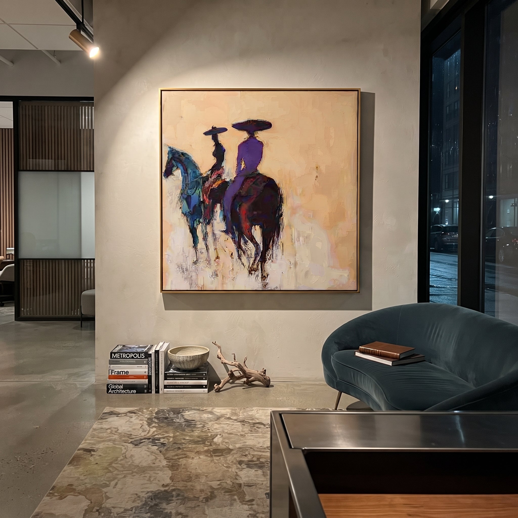 Blue Horses Leave Quietly displayed in a layered residential setting